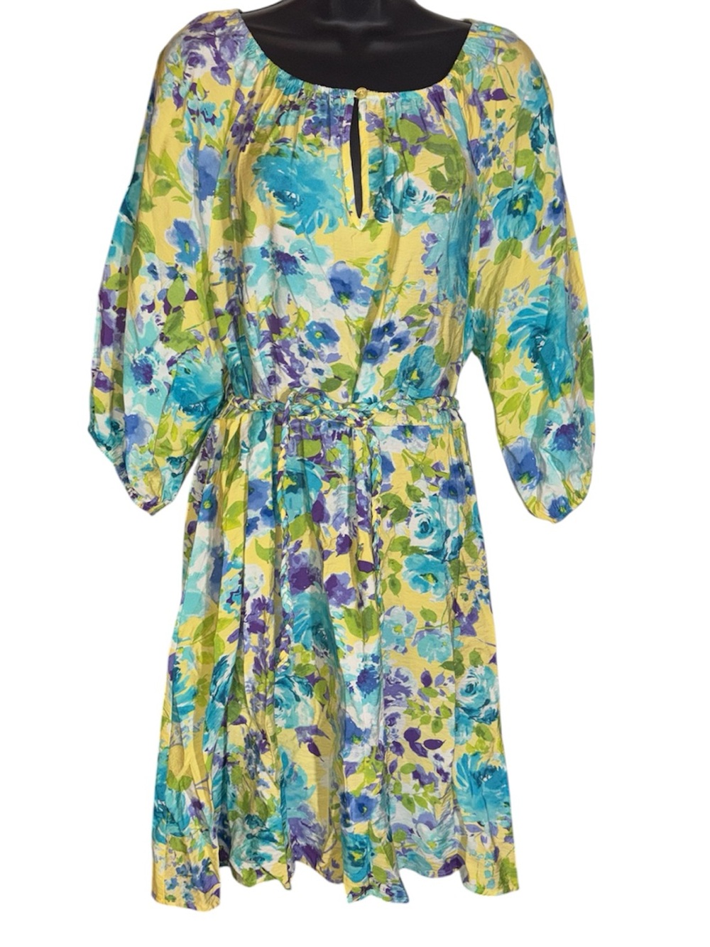 Emma & Michele Floral Print Dress Tie Waist A-Line Bracelet Sleeve Women’s Large